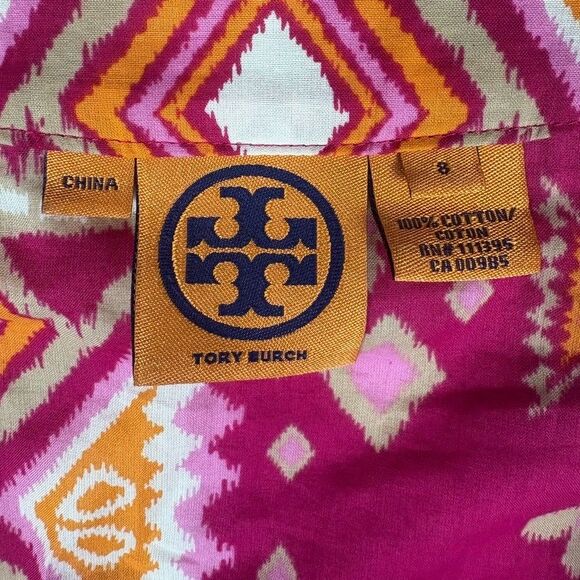 Tory Burch Tunic Top Pink Gold Beaded 3/4 Sleeve Geometric V-Neck Boho Beach 8 - Picture 6 of 8